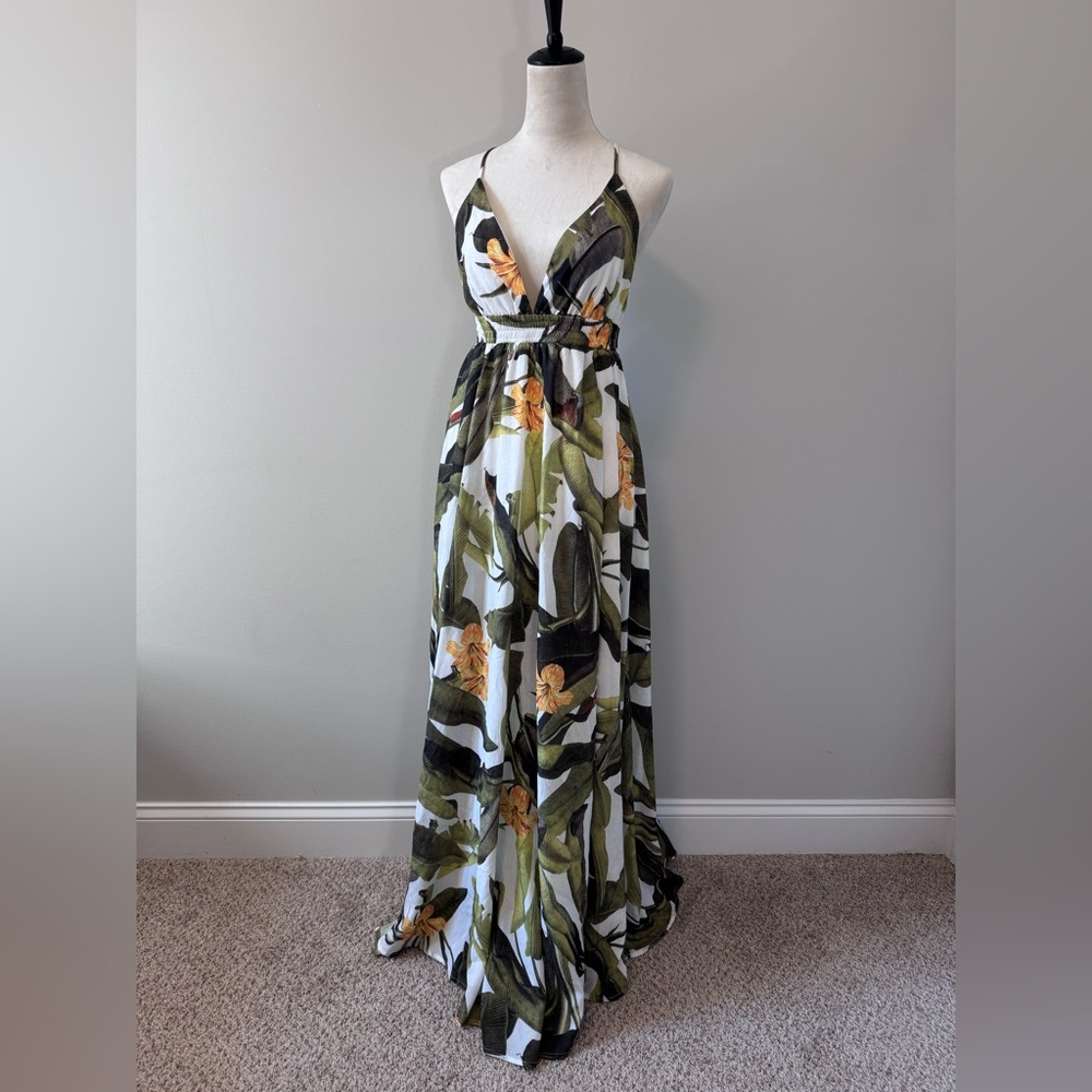 Fashion Nova Boho Tropical Crossback Plunge Maxi Dress L - Picture 2 of 14